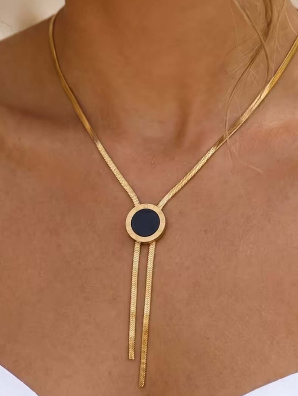 Gold  Plated Necklace with Black Pendant Accent - Women's Jewelry